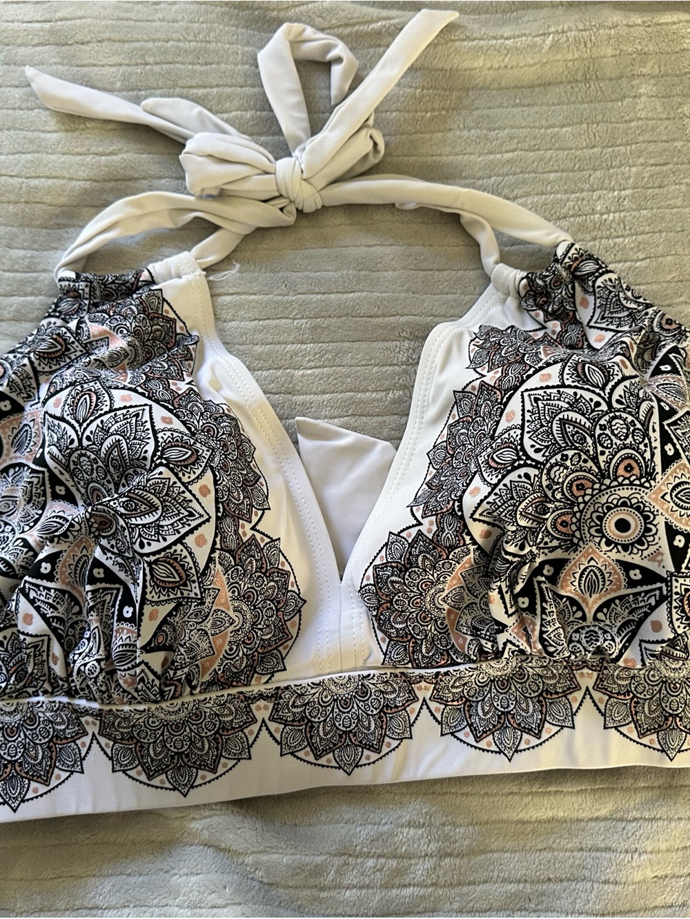Swimsuits For All White Halter Bikini Top with Black & Soft Pink Mandala Print